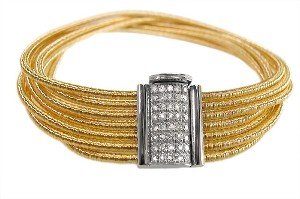 18K Yellow Gold Seven-Strand Hand-Woven Mesh Bracelet, Enhanced with a White Gold Pave Set Diamond Bar.