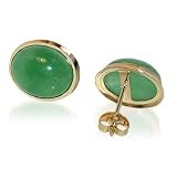 14 KT Yellow Gold Oval Green Jade 14K Stud Post Earrings