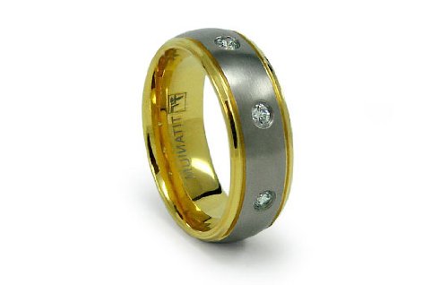 Titanium Ring Gold Plated High Polish with 3 CZ 8mm