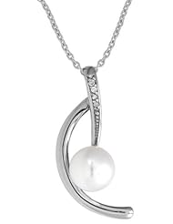Tarnish Resistant Rhodium Plated .925 Sterling Silver Fresh Water Pearl and Diamonds Pendant (27 x 12 mm) on an 18 inch Cable Chain Necklace. 100% Satisfaction Guaranteed.