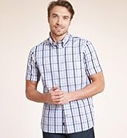 2 Longer Blue Harbour Pure Cotton Marl Grid Checked Shirt