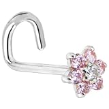 Solid 14KT White Gold Pink and Clear Cubic Zirconia Flower Left Nostril Screw - 18 Gauge