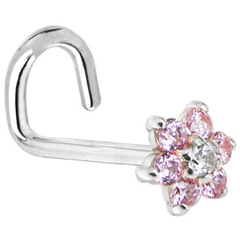 Childrens Toyshop  Jewelry : Solid 14KT White Gold Pink and Clear Cubic Zirconia Flower Left Nostril Screw - 18 Gauge