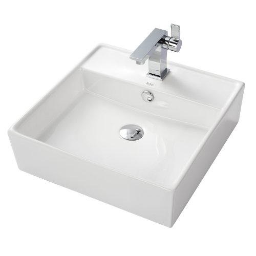KRAUS C-KCV-150-14601CH Square Ceramic Sink and Sonus Basin Faucet Chrome, White