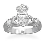 Rhodium Plated Sterling Silver CZ Claddagh Ring