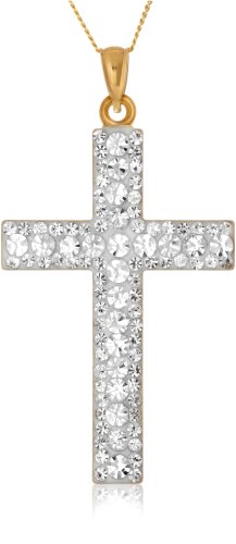 9ct Yellow Gold Crystalique Cross Pendant + Curb Chain 18