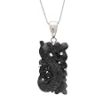 Sterling Silver Charcoal Jade Rectangular Carved Dragon Pendant on Chain, 18"
