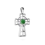 14K White Gold Round Genuine Emerald Celtic Cross Pendant
