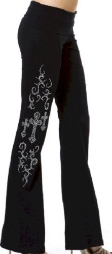 Yoga Pant Cotton Lycra Roll Down Waist Yoga Pant with Cross Stonework on Leg