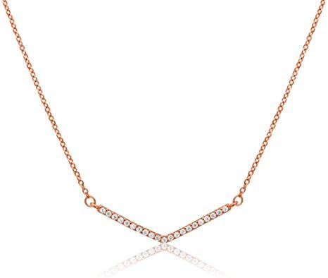 Rose Gold Over Silver Cubic Zirconia Geometric V Necklace