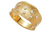 14K Yellow Gold Matt-Finish Hand-Crafted Designer Ring, Enhanced with White Gold Bezel Set Diamonds.