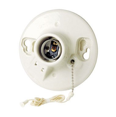 Leviton 9716-C One-Piece Glazed Porcelain Outlet Box Mount, Incandescent Lampholder, Pull Chain, 2 Wire Outlet, Side Wired, White