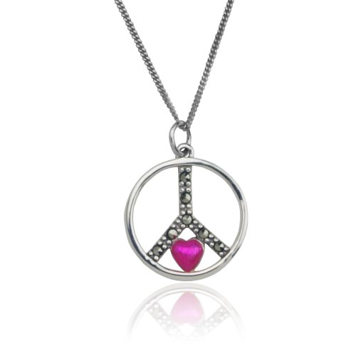 Sterling Silver Marcasite Heart and Peace Circle Pendant, 18