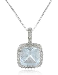 10k White Gold, March Birthstone, Aquamarine and Diamond Cushion Pendant Necklace