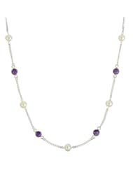Sterling Silver Chain, Freshwater Pearl and 6 Station Amethyst Necklace, 18"
