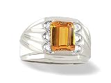 14K White Gold Genuine Emerald-cut Citrine and Diamond Men's Ring