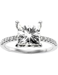 Ann Harrington Jewelry 14k White Gold 3 Ct (8x8 Mm) Princess Cut Charles & Covard Created Moissanite And 1/6 Ct Tw Diamond Antique Style Ring