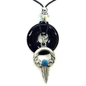 Onyx and Diamond Cut Pewter Necklace - Ring and Feather Pendant - Onyx and Diamond Cut Pewter...