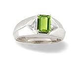 14K White Gold Genuine Emerald-cut Peridot and Diamond Men's Ring