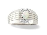 14K White Gold Genuine Oval Opal and Diamond Men's Ring