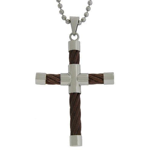 image Buying Guide  Stainless Steel Cable Cross Pendant w/ Brown Plating, 22''