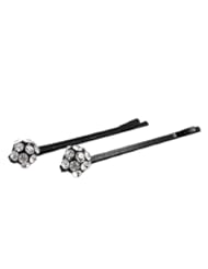 Ladies Clear Rhinestone Inlaid Ball Design Black Metal Hair Clips Pair