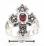 Sterling Silver Marcasite Cross With Garnet Ring 5-9 - Size 10.0
