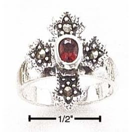 Sterling Silver Marcasite Cross With Garnet Ring 5-9 - Size 9.0 by JewelryWeb
