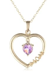 Goldtone Finish Silver Diamond Accent Heart with Amethyst Heart Center Mom Pendant Necklace, 18"