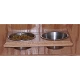 (PF-2) Solid Wood Wall Mounted Pet Food Holder for Small Dogs, Stainless Steel Pint Bowls, Mounts on the wall using two screws
