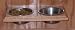 (PF-2) Solid Wood Wall Mounted Pet Food Holder for Small Dogs, Stainless Steel Pint Bowls, Mounts on the wall using two screws