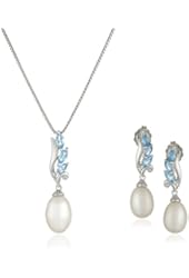 Sterling Silver Swiss Blue Topaz and Freshwater Cultured Pearl Necklace and Earrings Jewelry Set