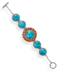 7.5" Turquoise and Coral Sunburst Toggle Bracelet
