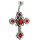 Ruby Red Gem Gothic Heart Cross Belly Ring