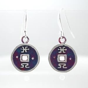 Chinese Good Fortune Coin Round Dangle Earrings in Sterling Silver with Patina Finish, #9188