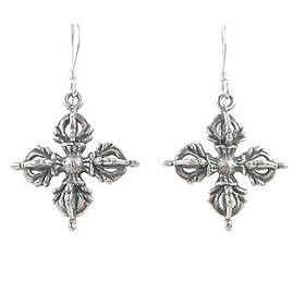 Tibetan Dorje Cross Dangle Earrings in Sterling Silver, #8070