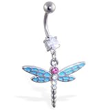 Belly ring with dangling lt blue and pink dragonfly