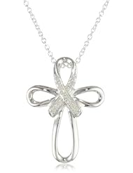 Sterling Silver Diamond "Ribbon of Hope" Cross Pendant Necklace (0.06 CTTW, I-J Color, I2-I3 Clarity), 18"
