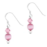 Sterling Silver .925 Pink Glass Cats Eye Genuine Swarovski Crystal Bead Beaded Earrings