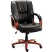 Black Top Grain Leather Mid Back Chair with Steel Base, Cherry Finish Wood Base Caps and Padded Arm