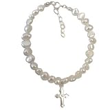 White Pearl Childs Cross Bracelet Sterling Silver Crystal Adjustable