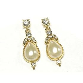 Crystal Deco Tear Drop Pearl Gold Earrings Fashion Jewelry