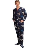 PajamaCity Skull and Bones Print Navy Blue Fleece Men's Footed Pajamas