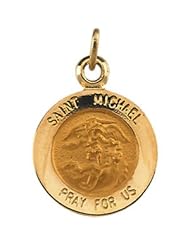 Round Saint Michael Pendant in Solid 14 Karat Yellow Gold Pray for Us Medal 12.00 MM