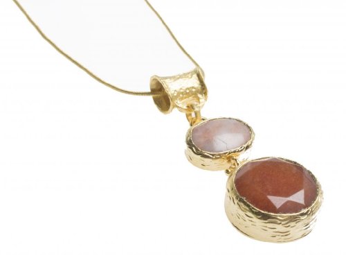 24K Yellow Gold Plated Chalcedony Natural Two Stone Brown Pink Tonal Round Oval Shape Pendant Necklace