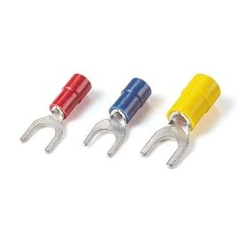 Thomas & Betts TV14-8F Insulated Vinyl Fork Terminal for Wire Range 16-14 Stud Size #8, Blue (50 Pac