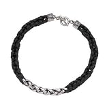 Emporio Armani Jewelry / Jewellery Ladies Braided Black Leather Necklace with Sterling Silver Chain and Clasp EG1554