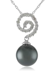 10k White Gold 9.0-9.5mm Tahitian Cultured Pearl Pendant Necklace, (0.2 cttw, G-H Color, I2-I3 Clarity), 17"