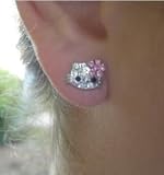 X-small Hello Kitty Clear Crystal 1/4 Stud Earrings w/ Pink Crystal Flower Bow