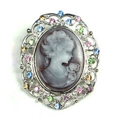 Multi-color Austrian Rhinestone Light Brown Lady Cameo Silver-tone Brooch Pin